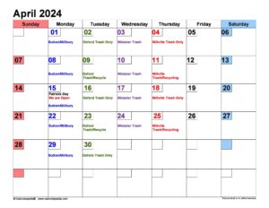 april schedule 2024 als rubbish weekly pickup